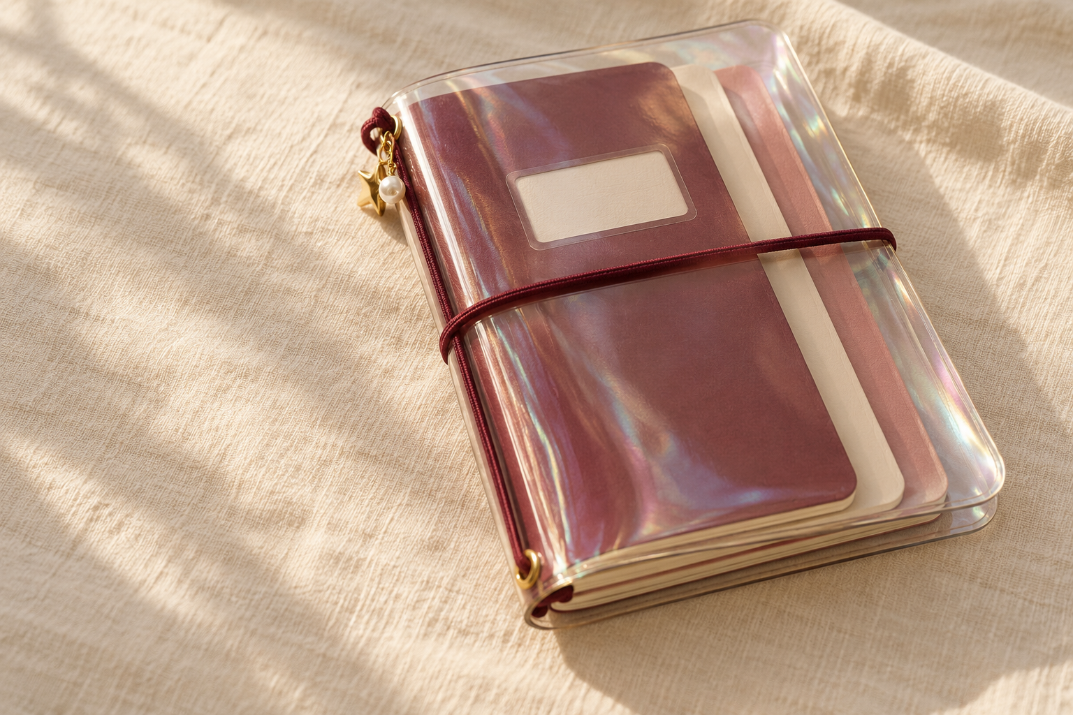 Journal mit schillernder Vinylhülle, bordeauxroter Gummikordel und goldenen Charms